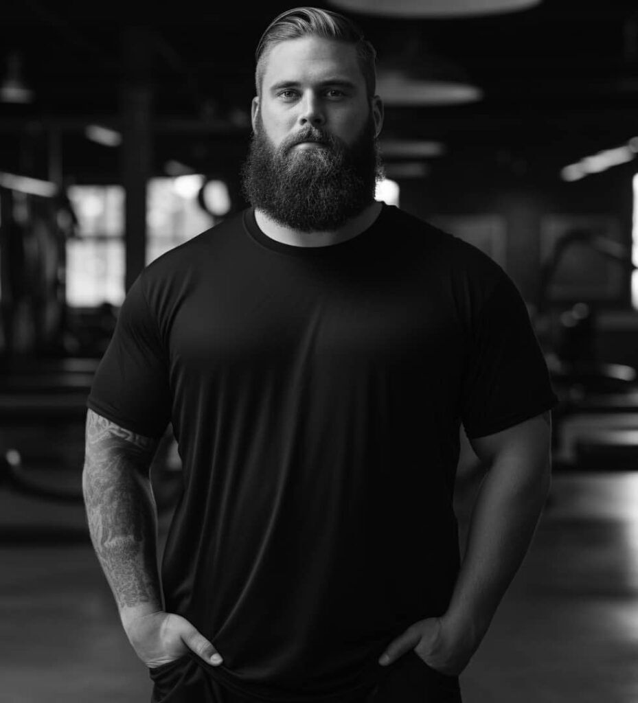 man modeling a plus size black custom-styled printed t-shirt