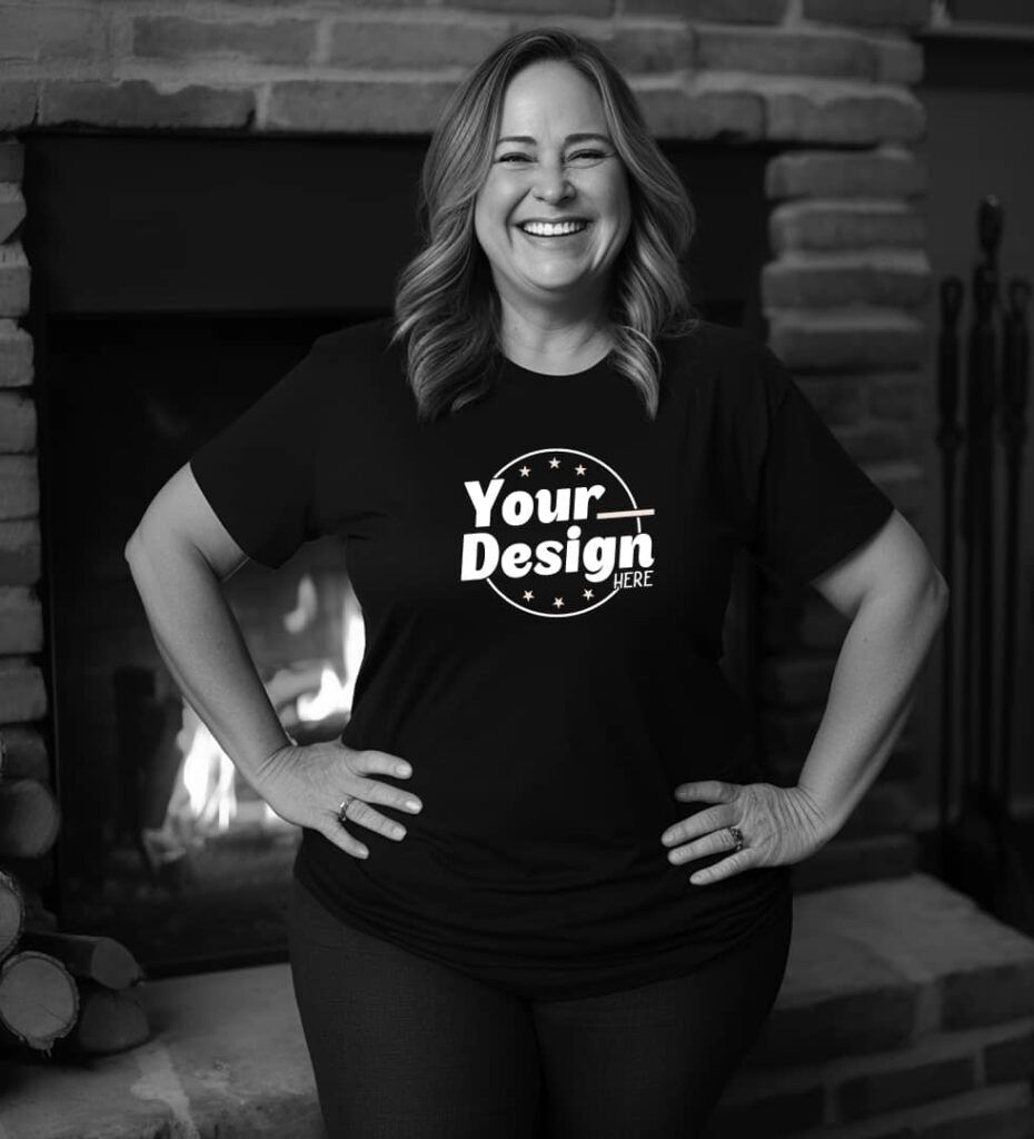 Plus size model wearing a black crew-neck short sleeve t-shirt